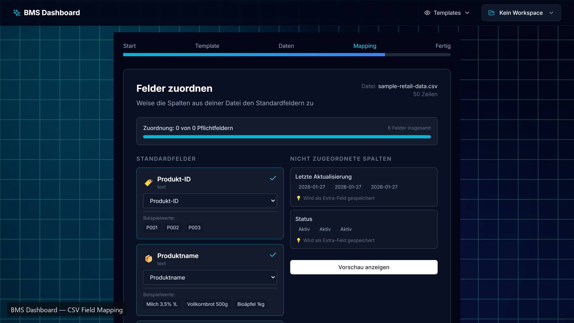 Der Import-Assistent von FlexOS beim Schritt Feldzuordnung: Spalten einer CSV-Datei werden Standardfeldern zugewiesen, daneben stehen die nicht zugeordneten Spalten.