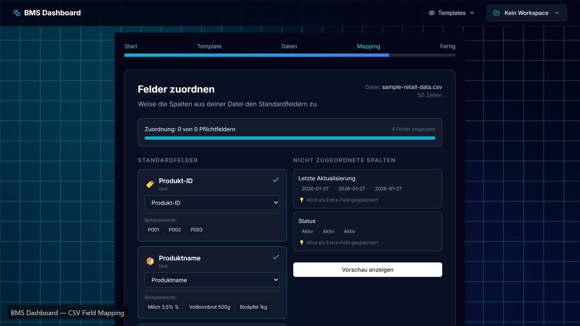 Der Import-Assistent von FlexOS beim Schritt Feldzuordnung: Spalten einer CSV-Datei werden Standardfeldern zugewiesen, daneben stehen die nicht zugeordneten Spalten.