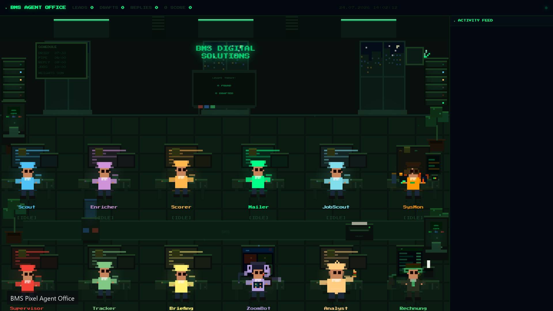 Die Oberfläche des Pixel Agent Office: zwölf benannte Rollen als Pixelfiguren an Arbeitsplätzen, darüber eine Anzeigetafel mit Kennzahlen und ein Zeitplan.