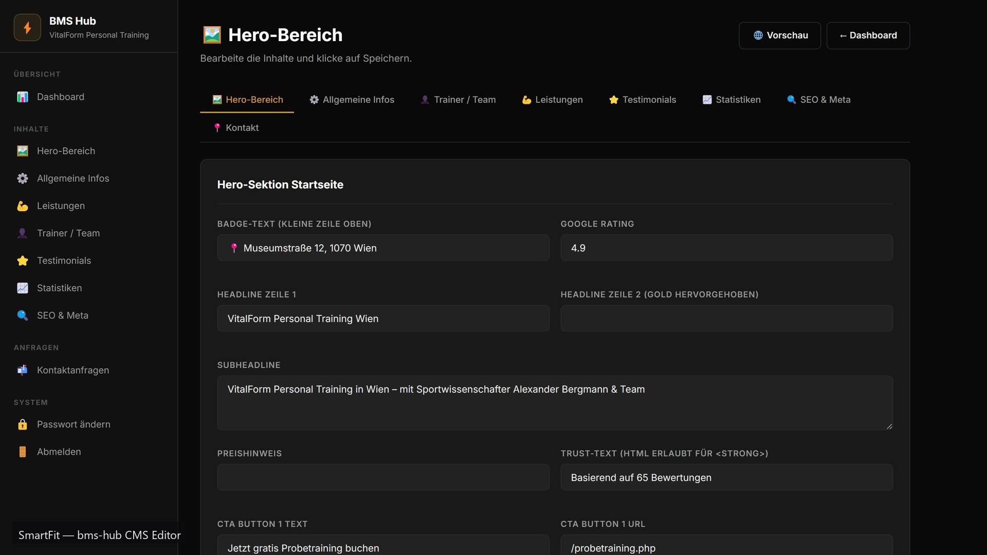 Der Redaktionsbereich von Zentra: links die Seitenbereiche, rechts die Eingabefelder eines Hero-Abschnitts mit Überschrift, Unterzeile und Schaltflächentext.